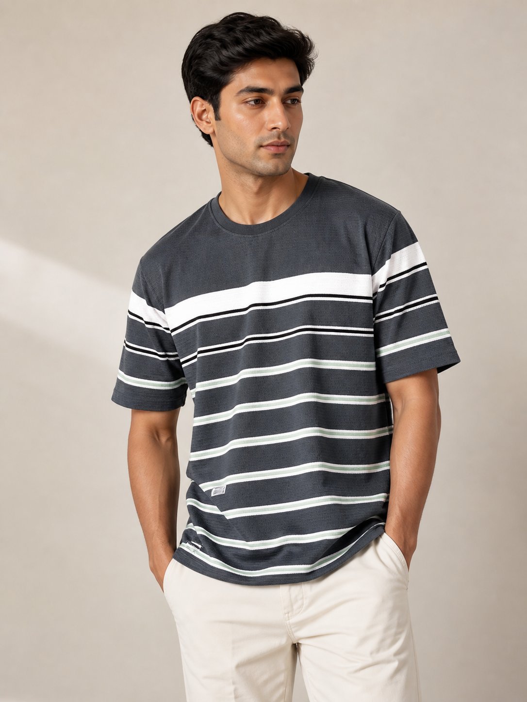 Trendy Dark Grey Stripe Half T-Shirt for Men Trendy Dark Grey Stripe Half T-Shirt for Men