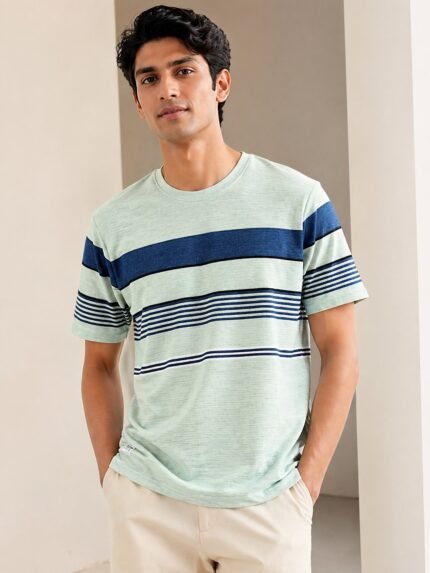 Stylish Light Green Stripe Half T-Shirt for Men