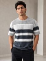 Trendy Light Grey Stripe Half T-Shirt for Men