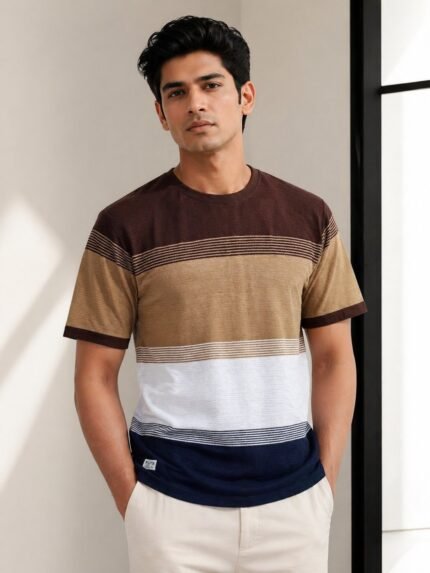 Trendy Casual Brown Stripe Half T-Shirt for Men