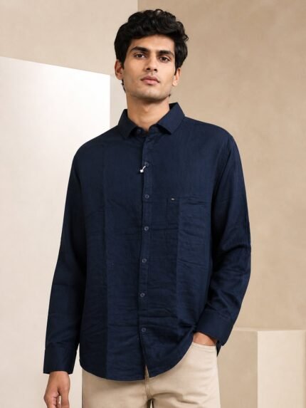 Trendy Navy Blue Plain Full Shirt for Men