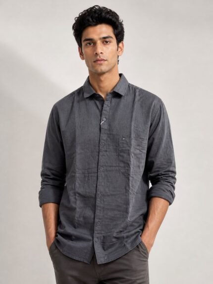 Classic Dark Grey Plain Full Shirt for Men