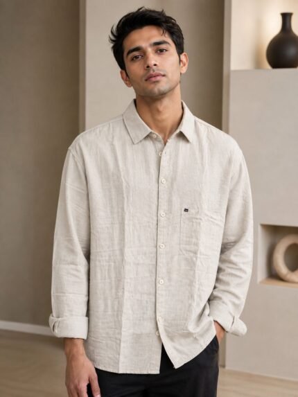 Trendy Cream Plain Full Shirt for Men – Elegance