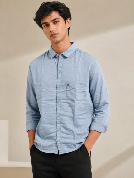Trendy Ice Blue Plain Full Shirt for Men – Cool Summer