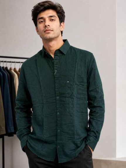 Trendy Dark Green Plain Full Shirt for Men