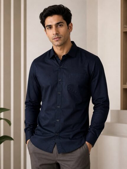 Premium Trendy Navy Blue Plain Full Shirt for Men