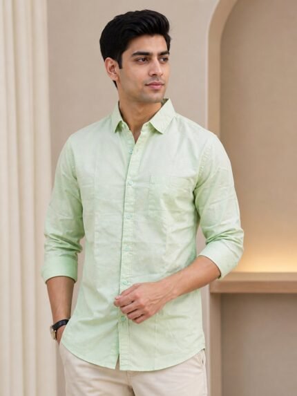 Premium Trendy Lite Green Plain Full Shirt for Men