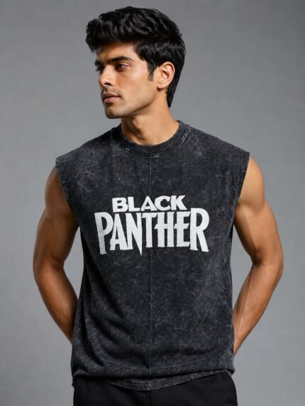 Dark Grey Printed Denim Gym Vest for Men & Statement