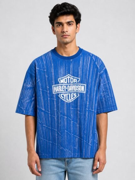 Stylish Printed Blue Denim Oversize T-Shirt for Men