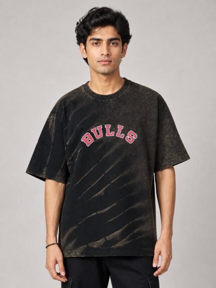 Printed Dark Brown Denim Oversize T-Shirt & Classic