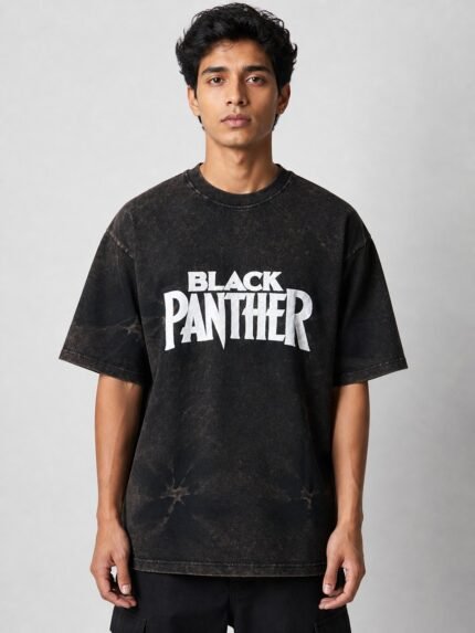 Classic Black Printed Denim Oversize T-Shirt for Men
