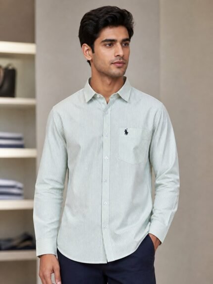 Stylish Lite Green Stripe Full Shirt for Men & Premium