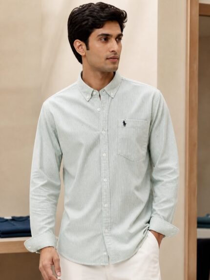Premium Lite Green Stripe Full Shirt for Men & Classic