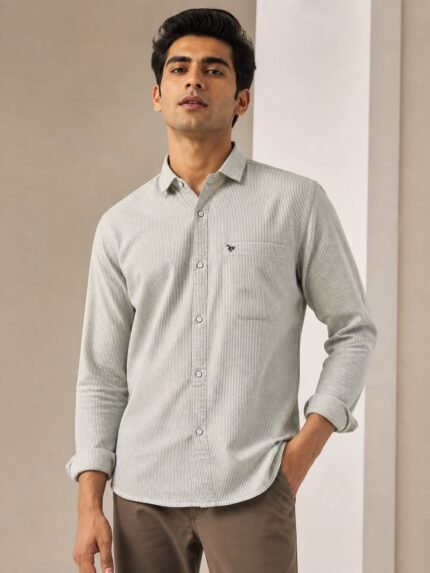 Premium Olive Green Stripe Full Shirt for Men & Earthy