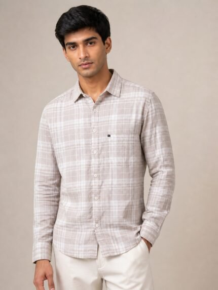 Trendy Cream Checks Full Shirt for Men & Festive