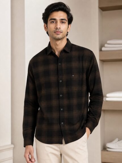 Trendy Dark Brown Checks Full Shirt for Men