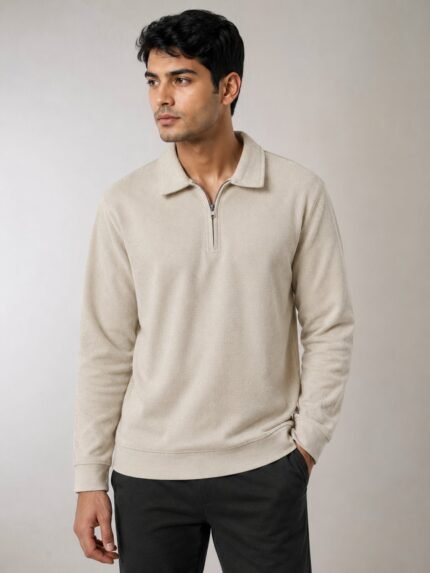 Stylish Cream Full Zip T-Shirt for Men & Premium Off-White