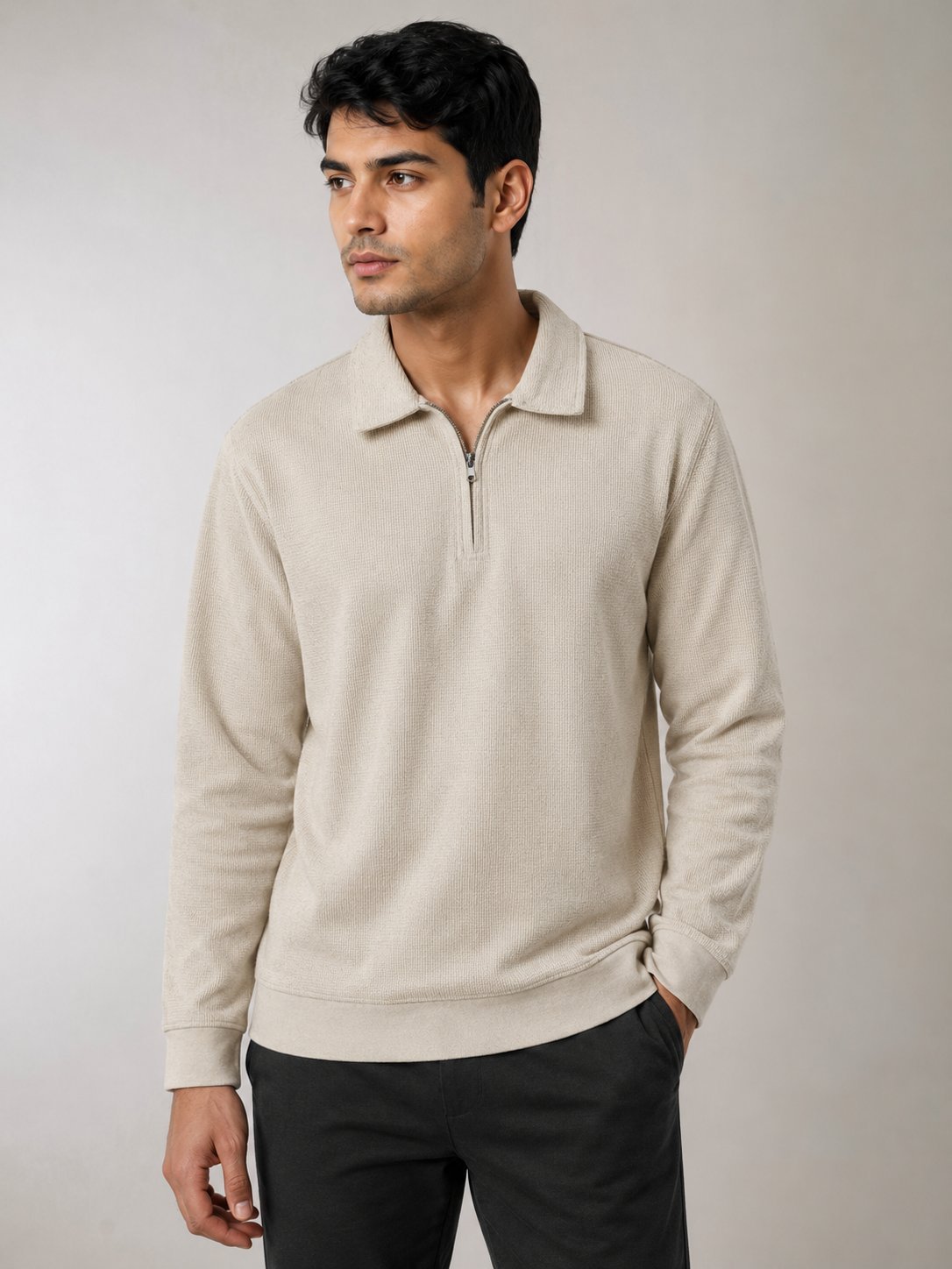 Stylish Cream Full Zip T-Shirt for Men & Premium Off-White Stylish Cream Full Zip T-Shirt for Men & Premium Off-White