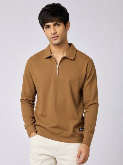 Stylish Light Brown Zip T-Shirt for Men & Trendy Khaki