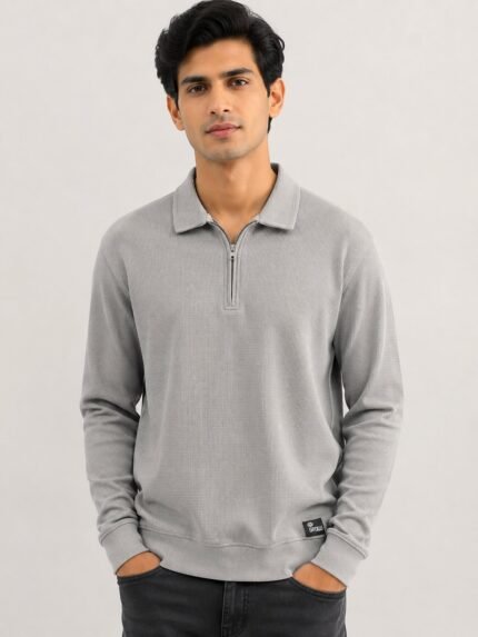 Stylish Steel Grey Zip Full T-Shirt for Men & Premium