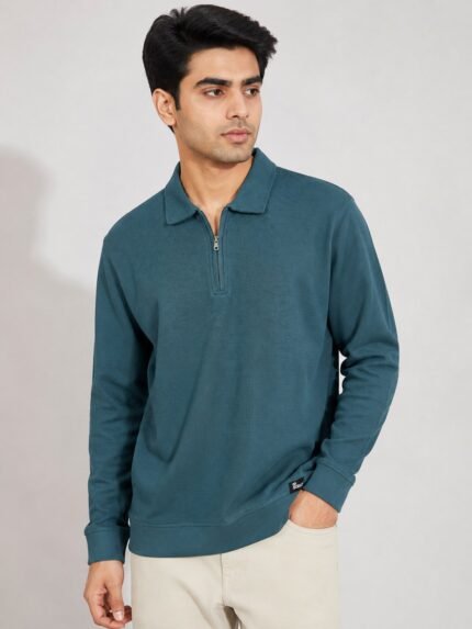Stylish Blue Zip T-Shirt for Men & Front Casual
