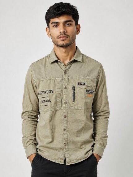 Dark Cream Denim Full Shirt for Men Washed Denim