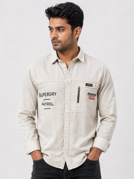 Cream Denim Full Shirt for Men Washed Denim