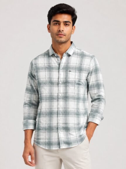 Trendy Lite Grey Checks Full Shirt for Men Premium