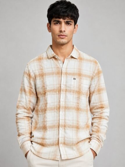 Trendy Lite Orange Checks Full Shirt for Men Premium