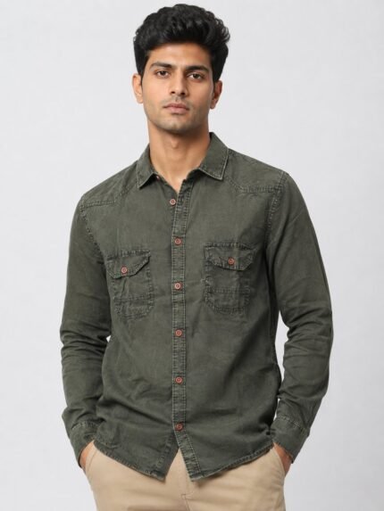 Plain Green Denim Shirt For Men Trendy Casual Wear