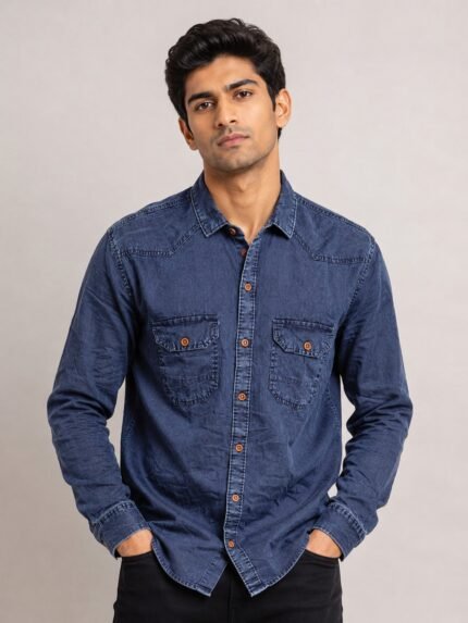 Denim Dark Blue Plain Shirt For Men Trendy Casual Wear