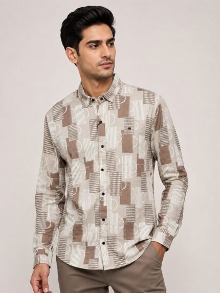 Cream Printed Full Shirt for Men Stylish Design