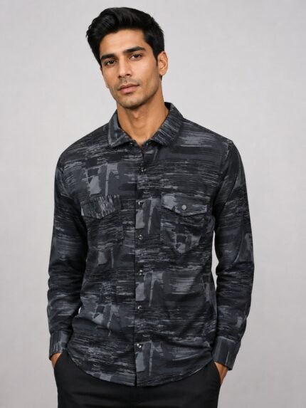 Classic Dark Grey Printed Full Shirt for Men Stylish Design