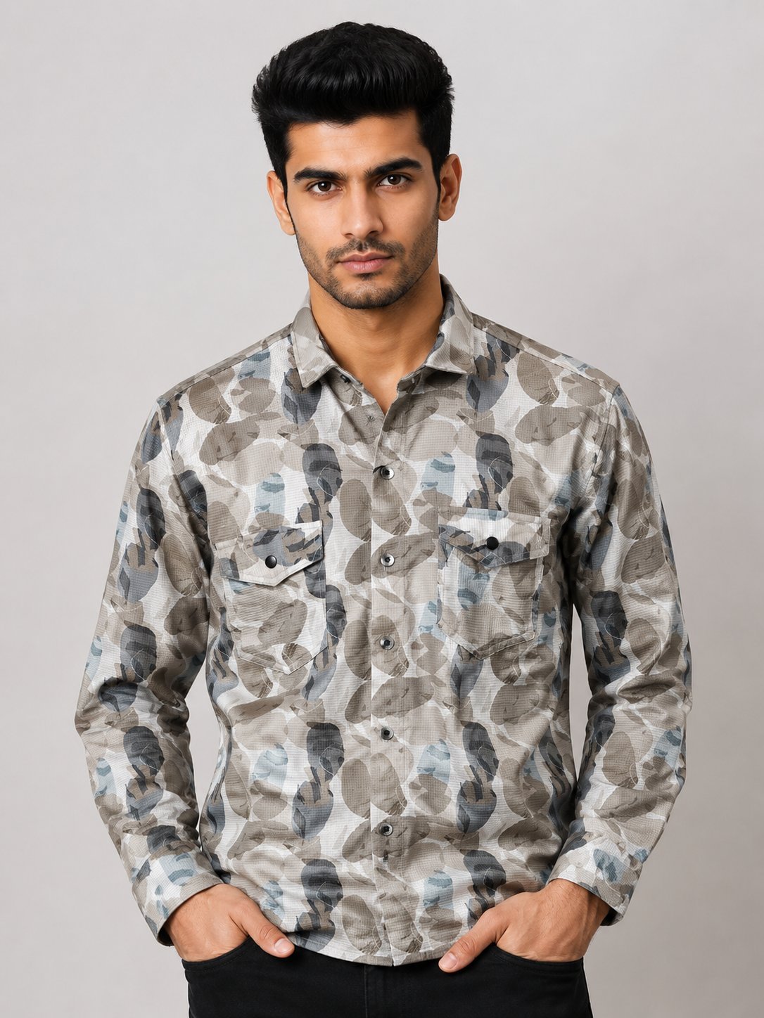 Stylish Grey Printed Full Shirt for Men Trendy Design Stylish Grey Printed Full Shirt for Men Trendy Design