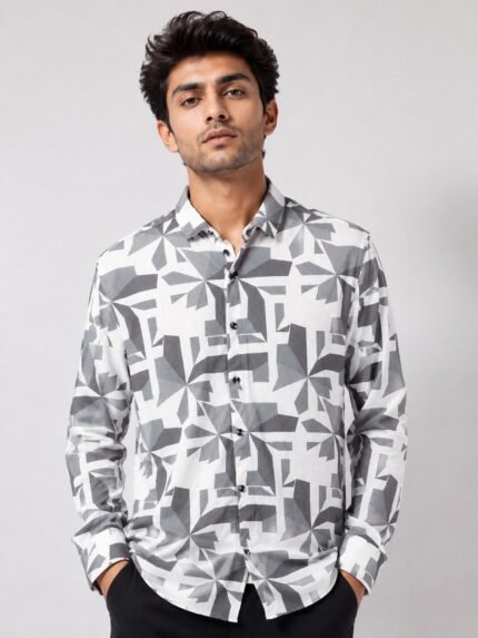 Trendy Lite Grey Printed Full Shirt for Men Stylish Design