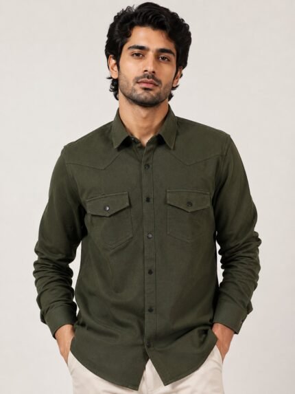 Stylish Dark Green Plain Double Pocket Shirt Premium Cotton