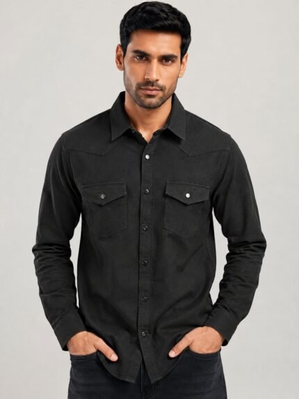 Stylish Dark Grey Plain Double Pocket Shirt Premium Cotton