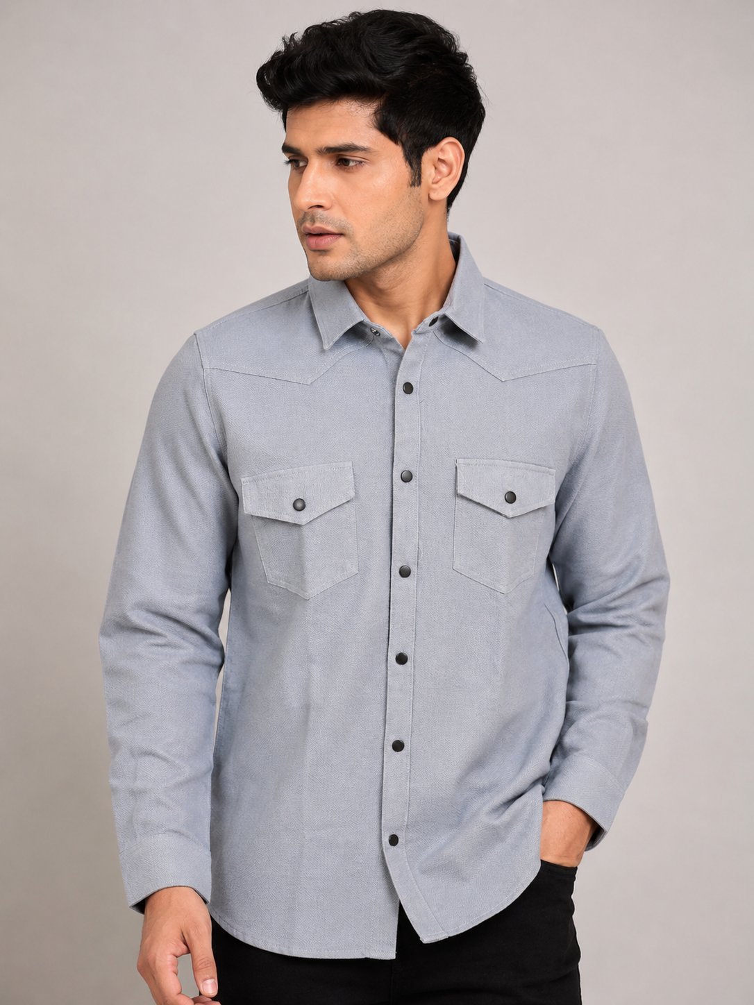 Classic Lite Grey Plain Double Pocket Shirt Premium Cotton Classic Lite Grey Plain Double Pocket Shirt Premium Cotton