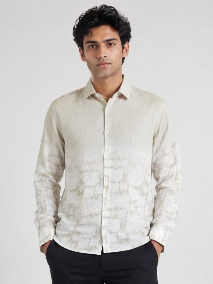 Stylish Cream Printed Full Shirt For Men