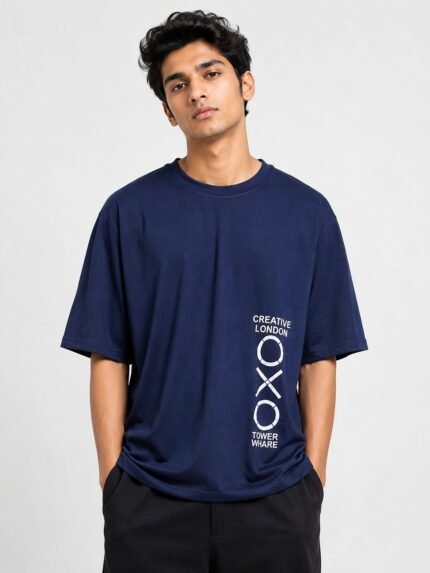 Trendy Navy Blue Printed Oversize T-Shirt for Men
