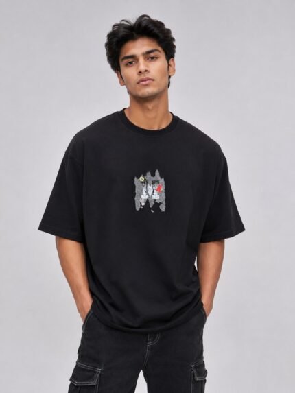 Trendy Black Oversized T-Shirt with Back Print