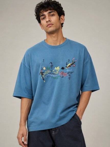 Premium Blue Printed Oversize T-Shirt for Men & Streetwear