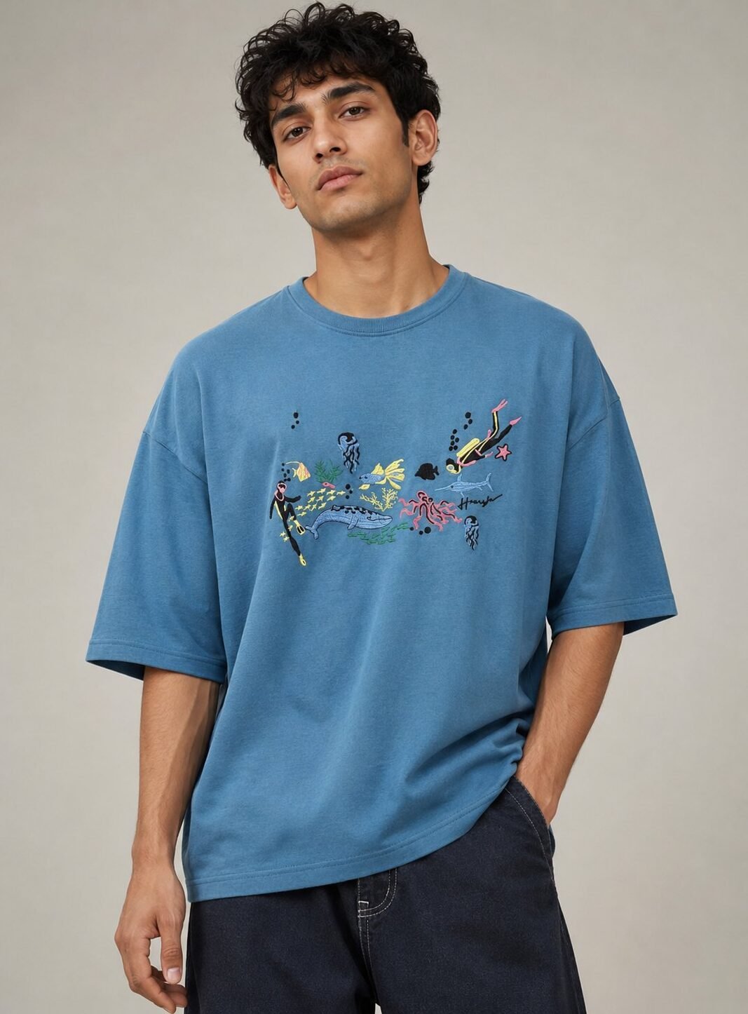 Premium Blue Printed Oversize T-Shirt for Men & Streetwear Premium Blue Printed Oversize T-Shirt for Men & Streetwear