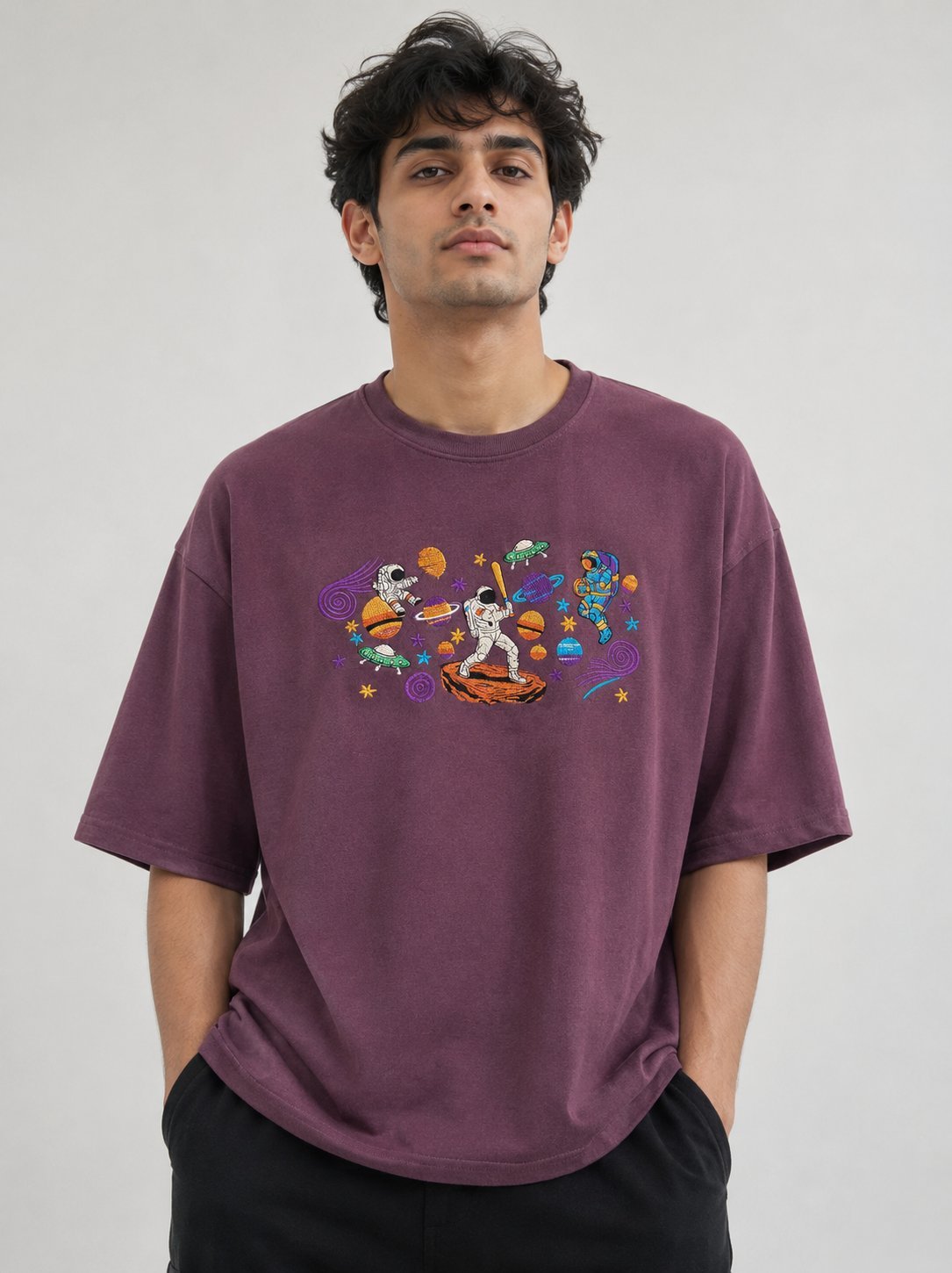 Trendy Purple Printed Oversize T-Shirt for Men & Statement Trendy Purple Printed Oversize T-Shirt for Men & Statement