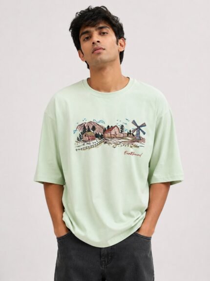 Trendy Lite Green Printed Oversize T-Shirt for Men
