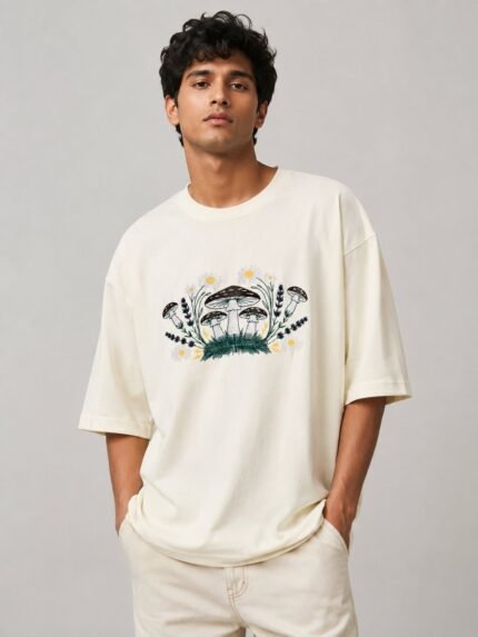 Trendy Cream Printed Oversize T-Shirt for Men & Quiet Luxury