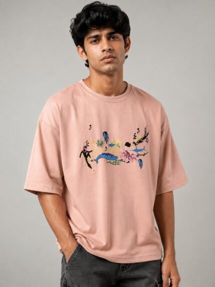 Trendy Baby Pink Printed Oversize T-Shirt for Men