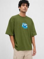 Printed Olive Green Oversize T-Shirt for Men Streetwear