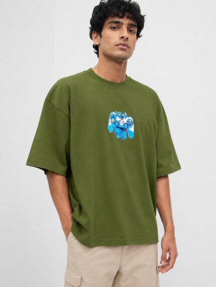Printed Olive Green Oversize T-Shirt for Men Streetwear