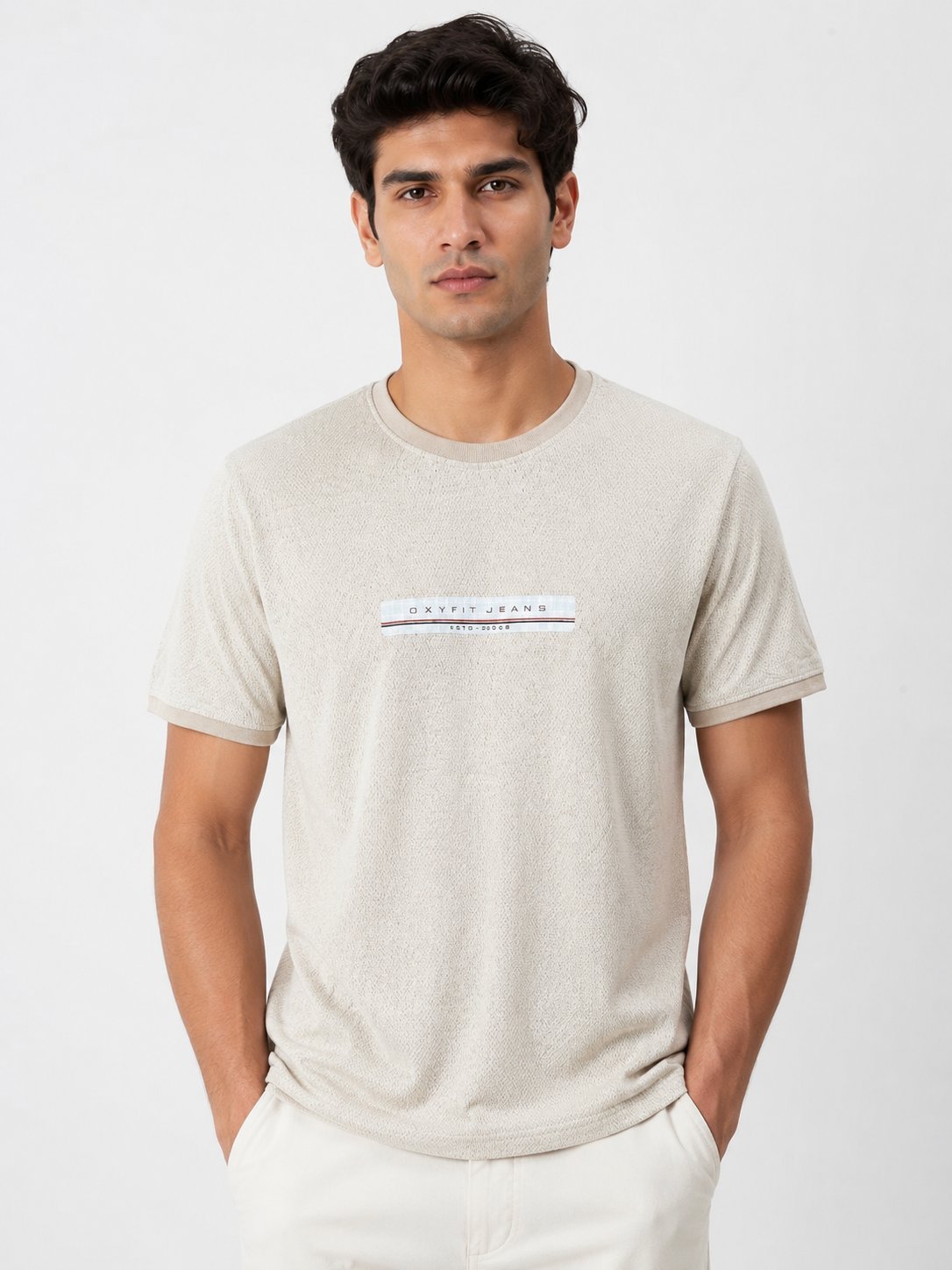 Cream Plain Popcorn Half Sleeve T-Shirt for Men Cream Plain Popcorn Half Sleeve T-Shirt for Men